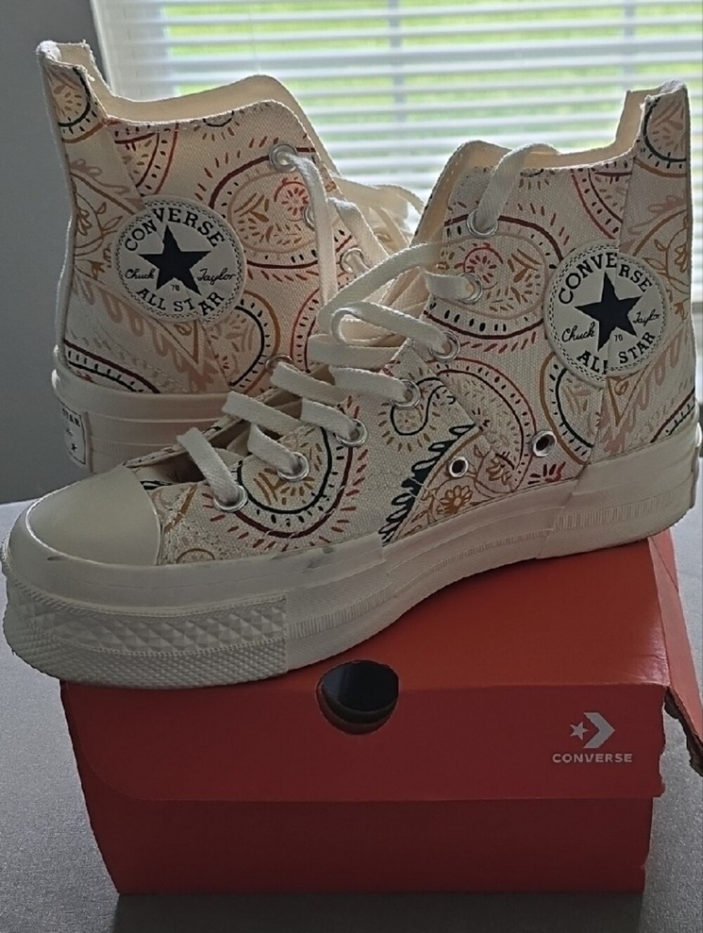 Converse High Top Sneakers in Cream with Tan and Black Paisley